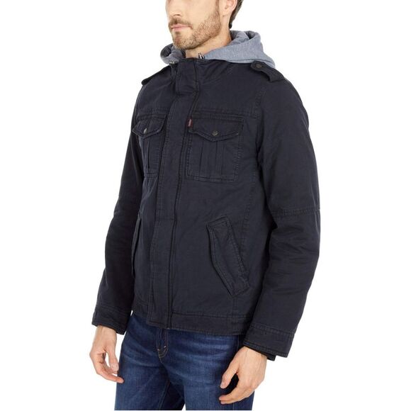 Levi's Mens Sherpa Lined Two Pocket Hooded Trucker Jacket Large Navy - NWT $200 - Picture 2 of 6